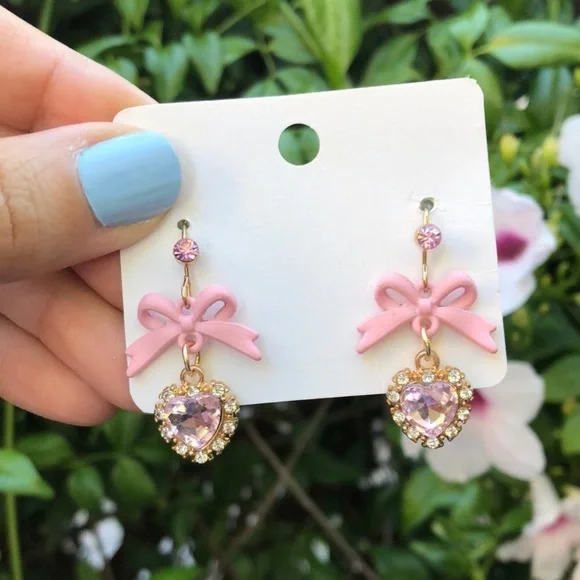 Pink +Gold Bow Crystal Halo Heart Drop Earrings